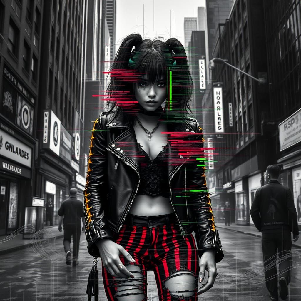 futuristic ecopunk A gutterpunk lady, wearing a black leather jacket with spiked accents and ripped neon-red colored str...