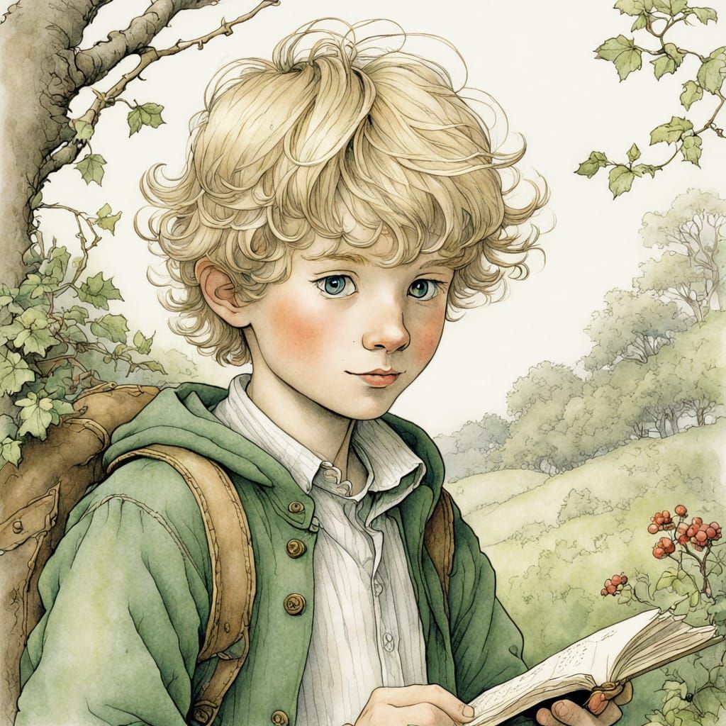 Young Boy Contemplates with Green Eyes in Watercolor Portrai...