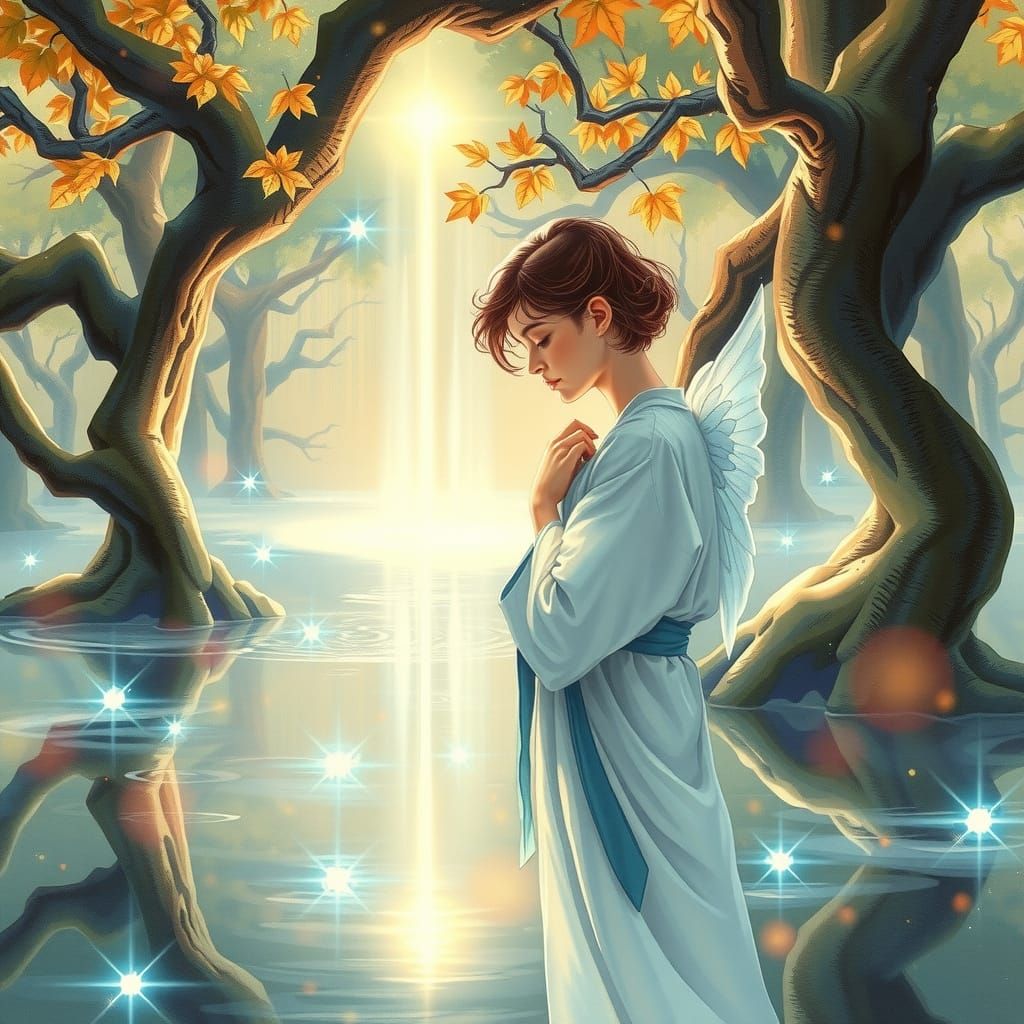 Opalescent Figure in Angelic Garden, Watercolour Style