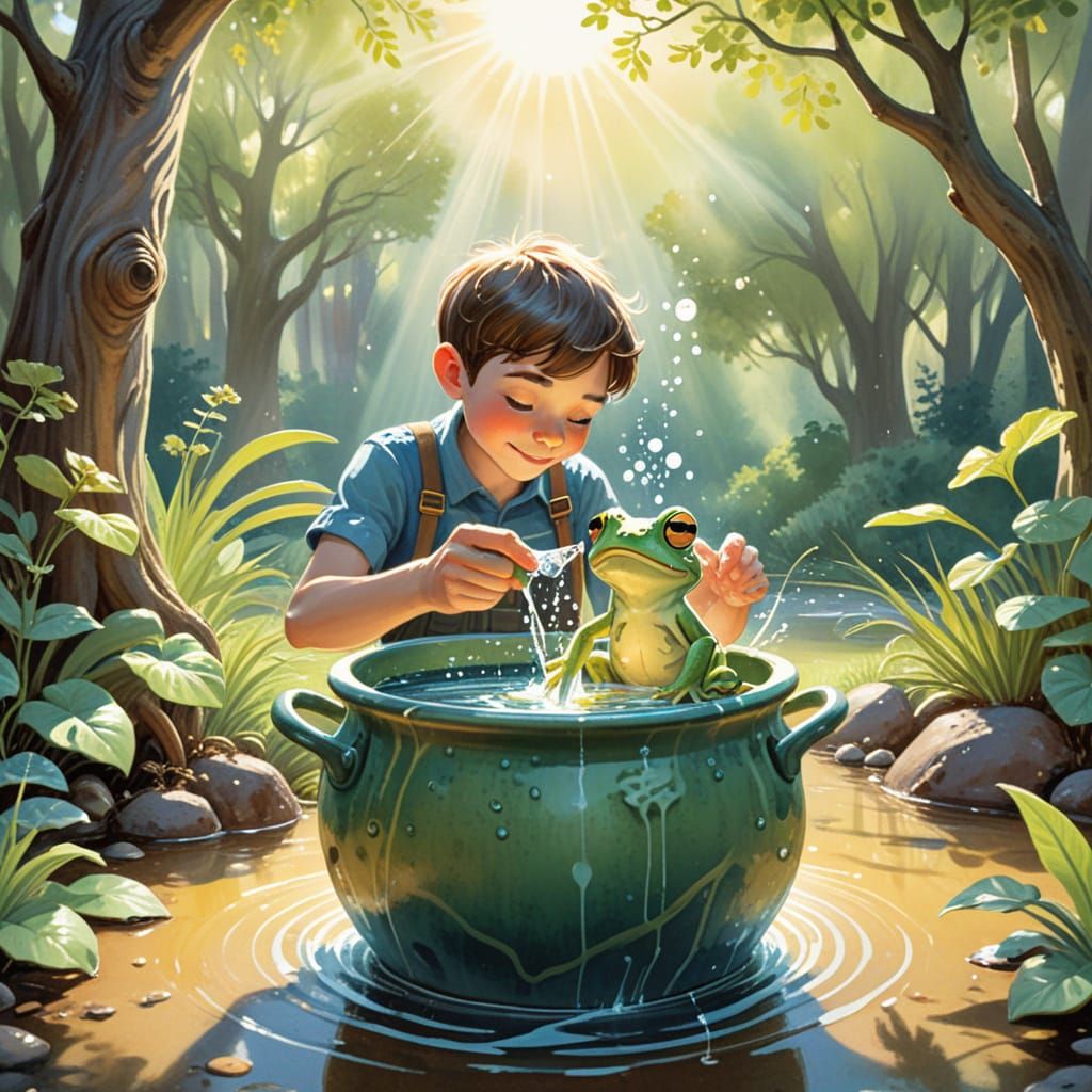 Cartoon Boy and Frog in Pot Illustration