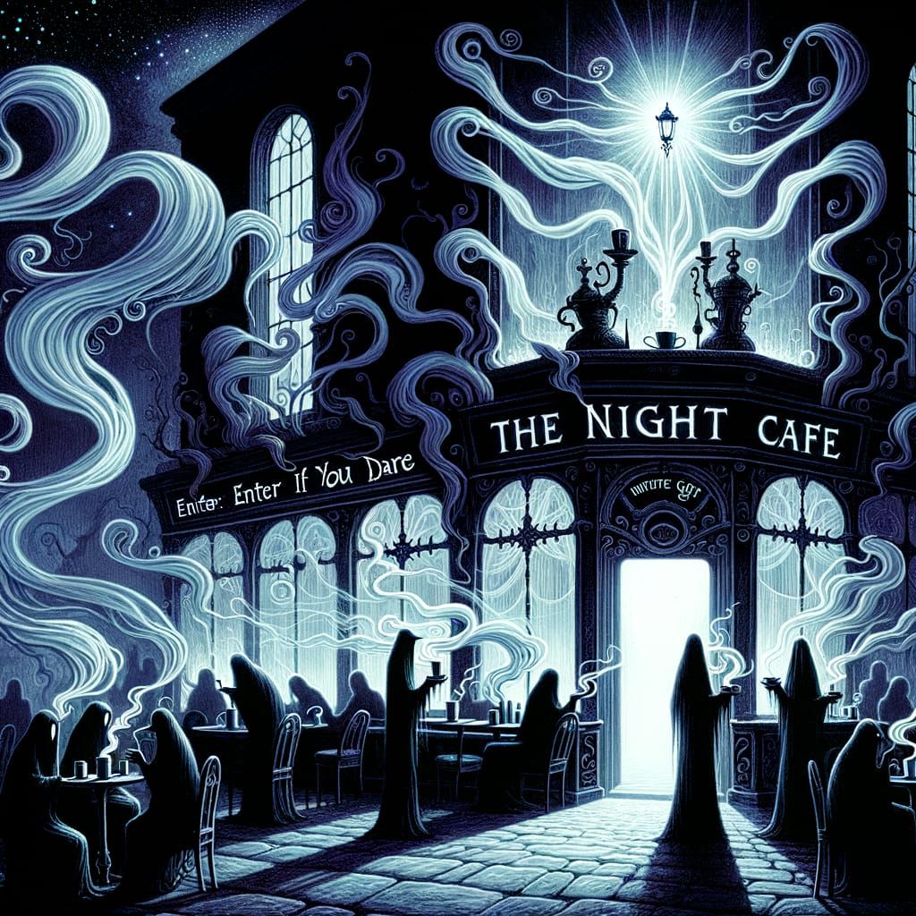 Mystical Coffeehouse with Arcane Steam and Spectral Figures