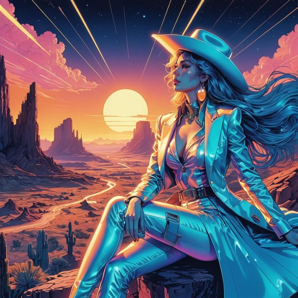 Retro-Futuristic Cowgirl in Neon Old West Landscape