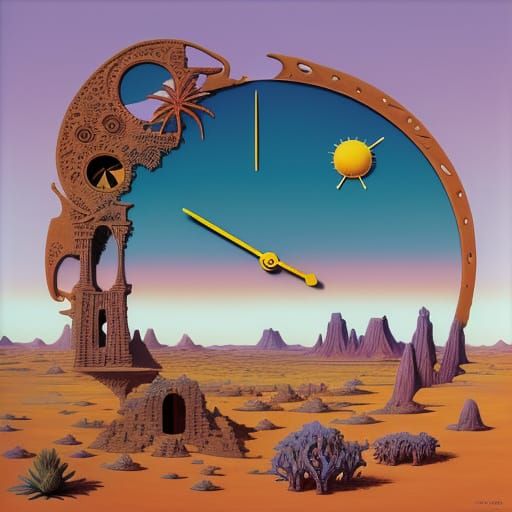 Melting Clock Over Desert Landscape in Whimsical Surreal Sty...