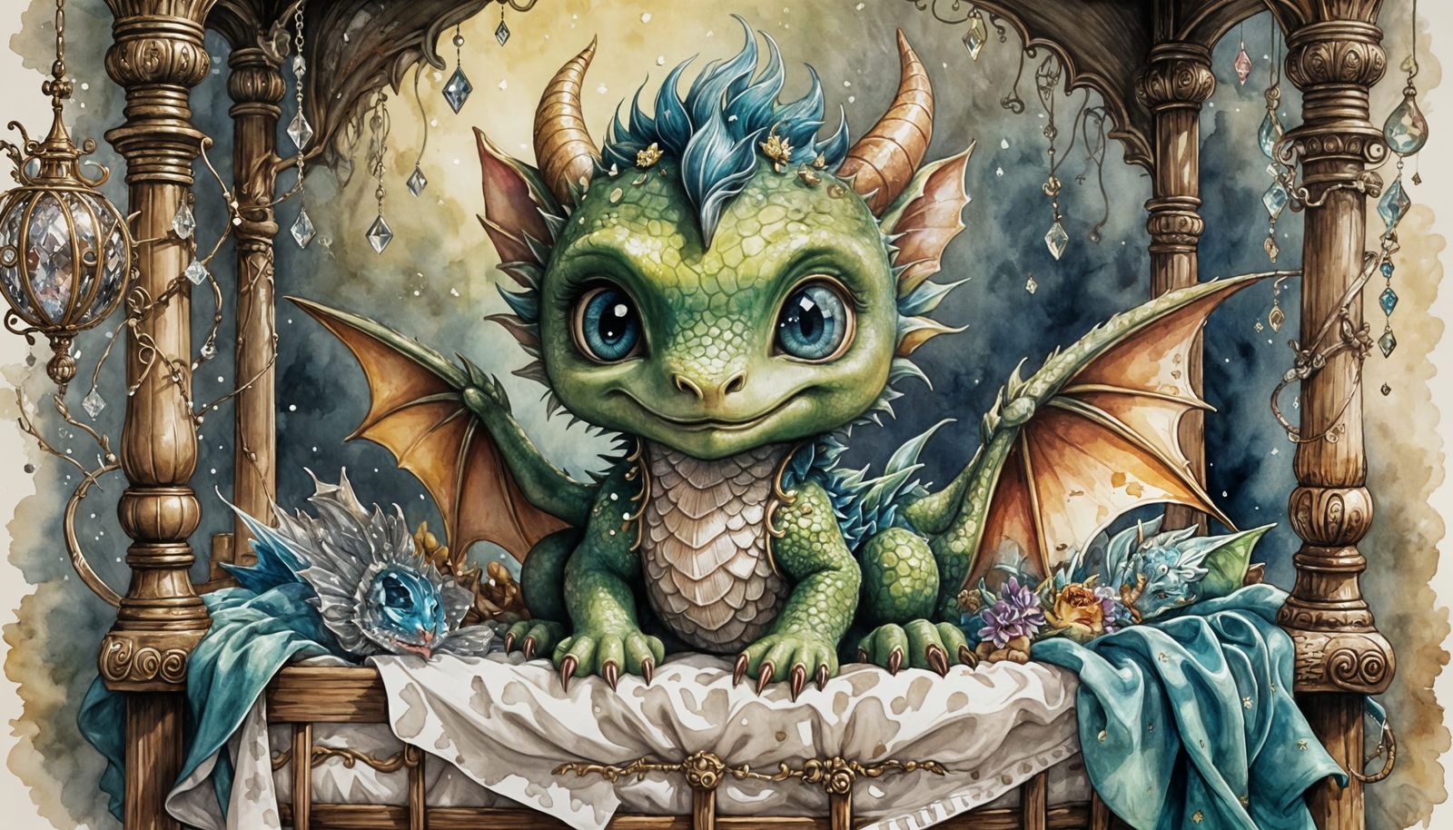 Adorable Baby Dragon in Cot with Plushies