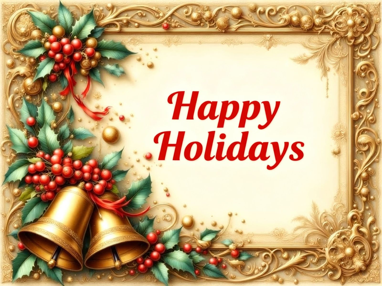 Vintage Christmas Card With Gold Border and Church Bells