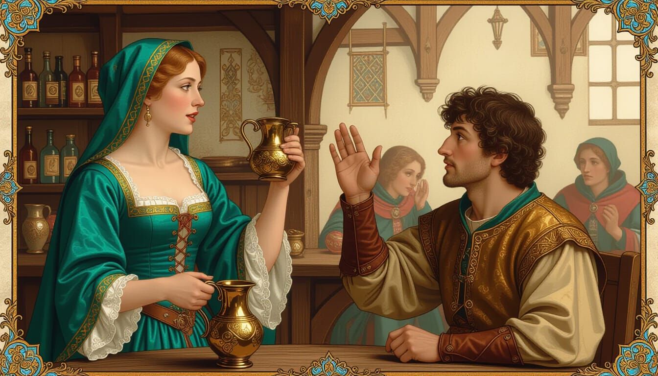 Medieval Tavern Scene: Mistress Offers Drink, Scribe Refuses