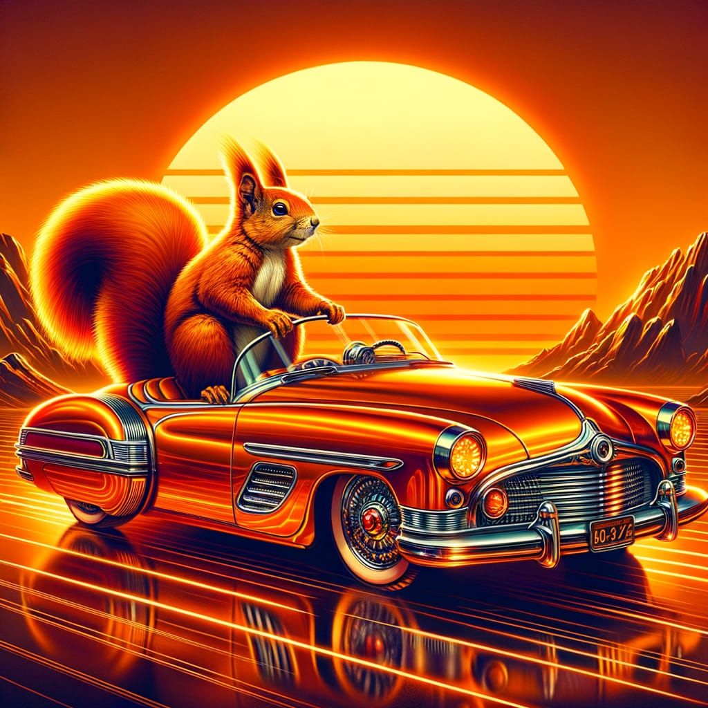 Orange Retro-Futuristic Squirrel in Sci-Fi Car at Sunset