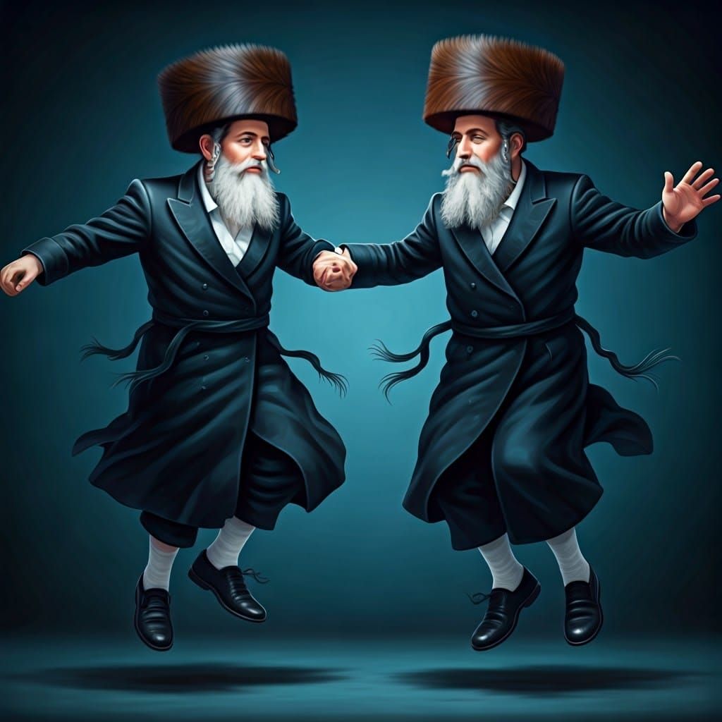 Joyful Hasidic Jews Dance Kadachka in Traditional Attire