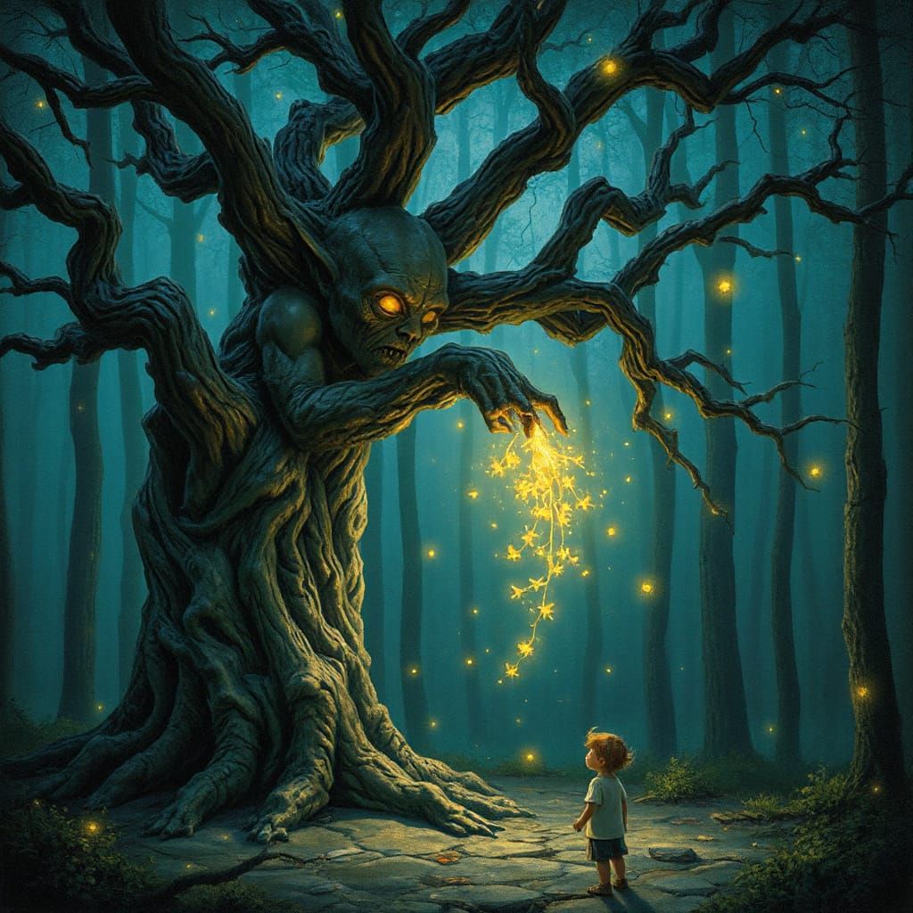 Ancient Tree Spirit Guides Lost Child in Twilight Forest