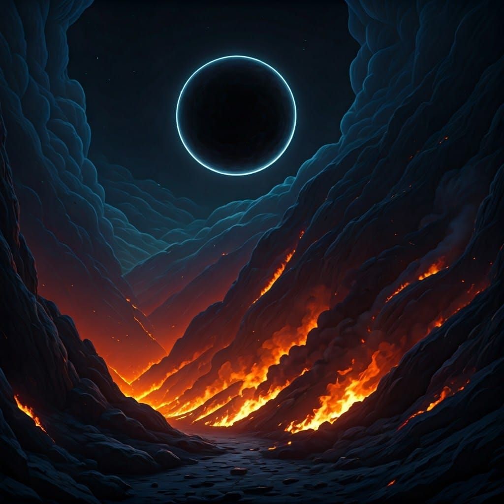Ethereal Black Moon Over Wildfire Landscape