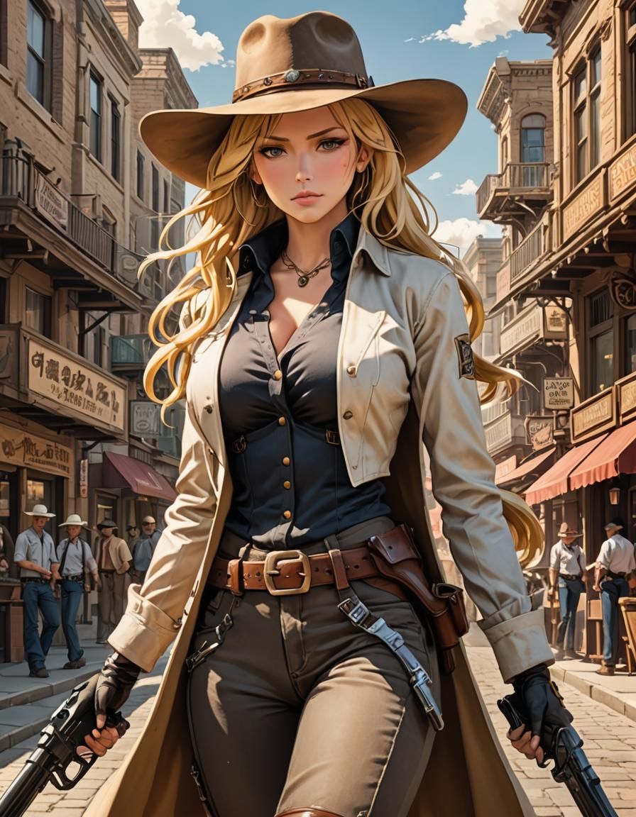 Anime Gunslinger on Main Street in Realistic Style