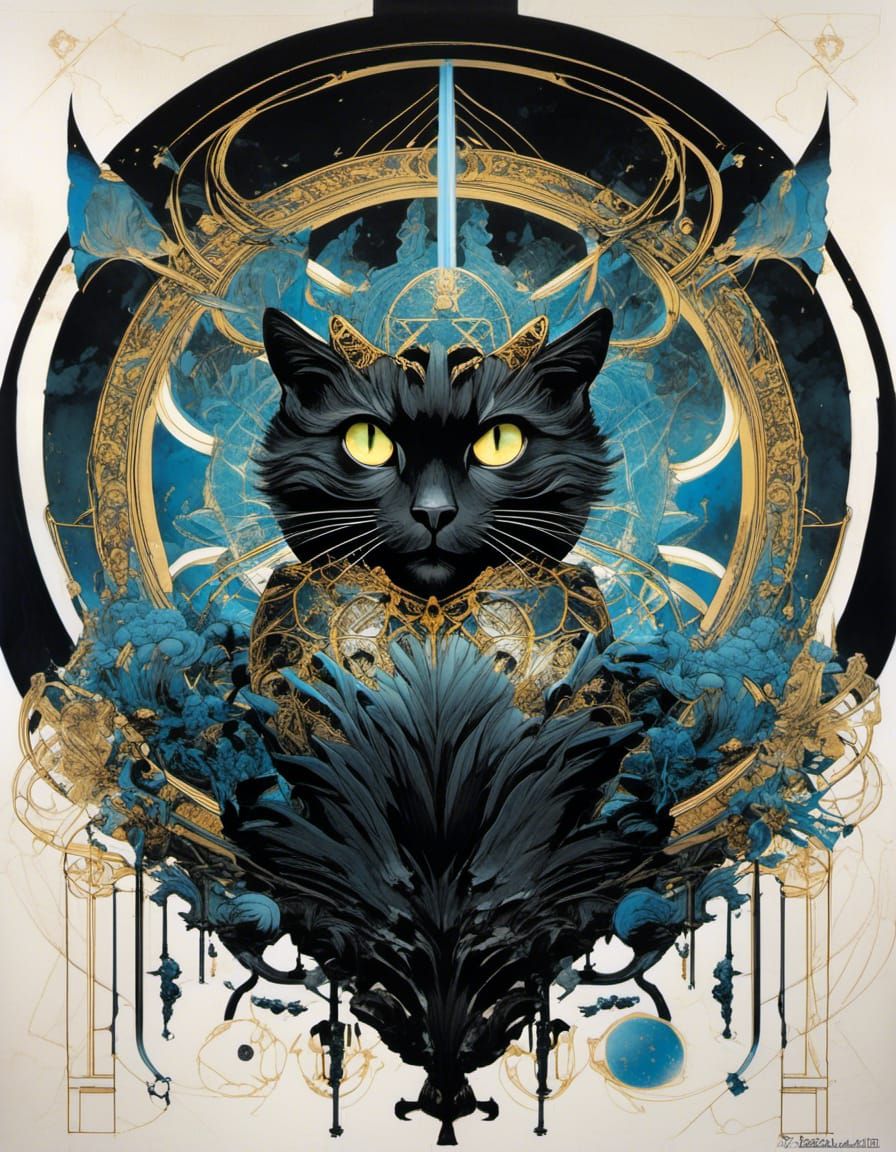 Black Cat in Atlantis: Watercolor and Ink