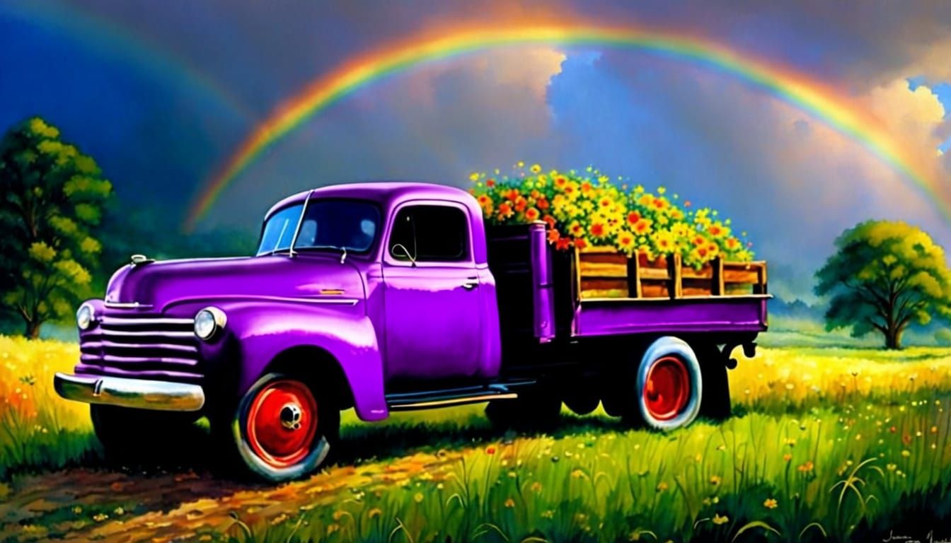Vintage Luminous Truck in Watercolor Meadow