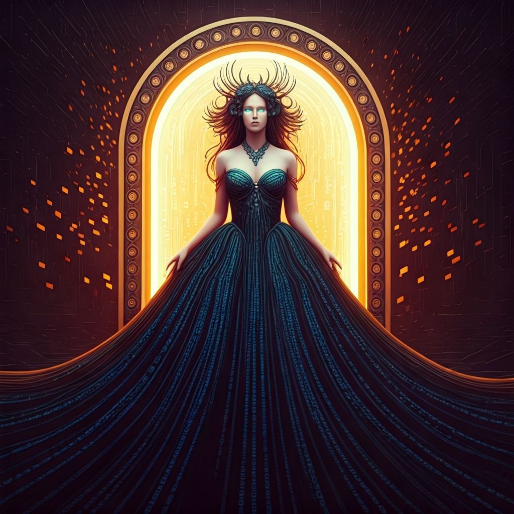 Digital Oracle in Binary Gown Before Shimmering Portal
