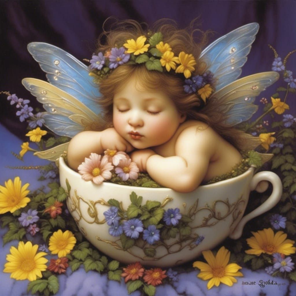 Sleepy Baby Fairies in Teacup, Whimsical Art
