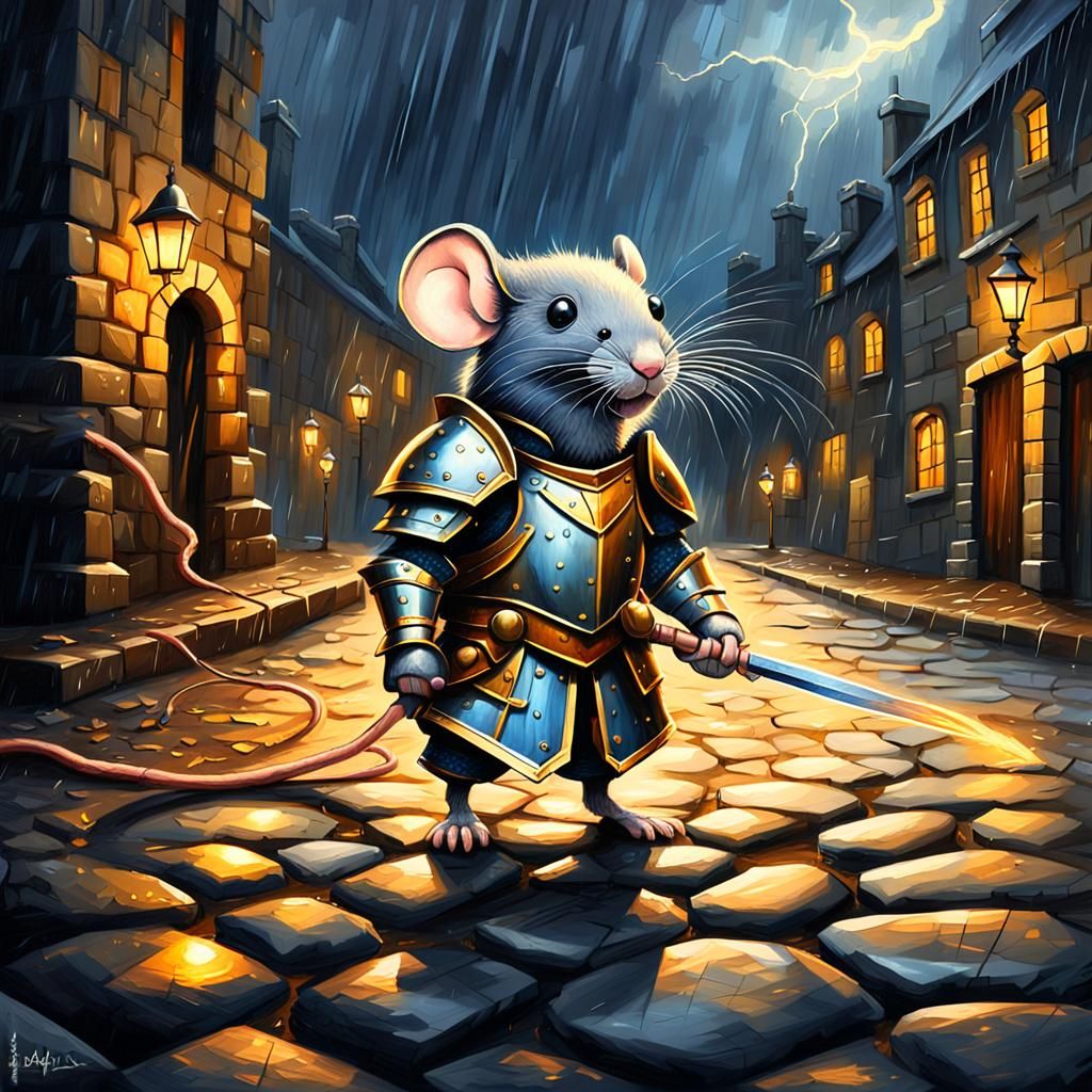 Heroic Mouse Knight, Struck by Lightning in Dramatic Oil Pai...