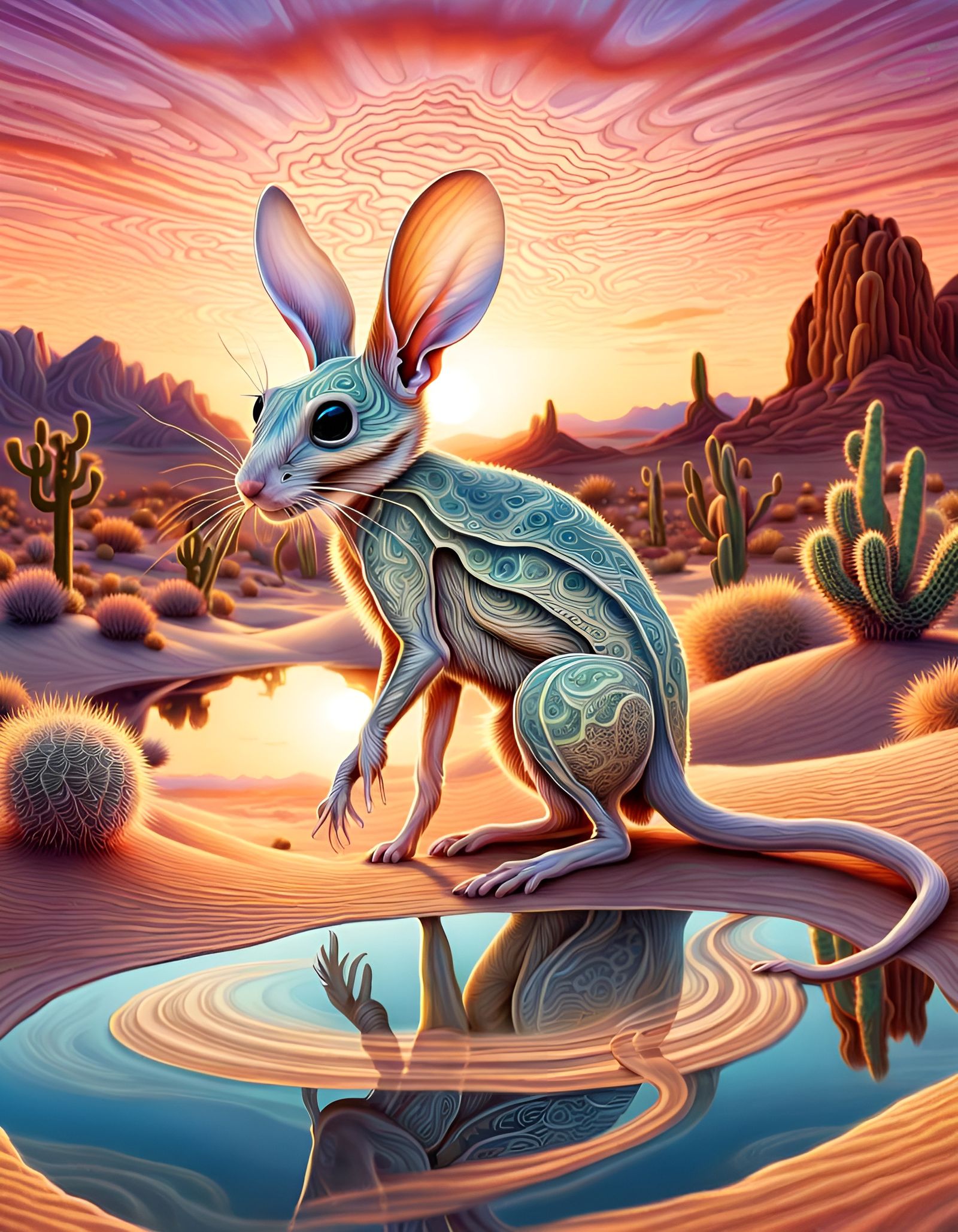 Ornate Jerboa in Desert Landscape, Cosmic Illustration