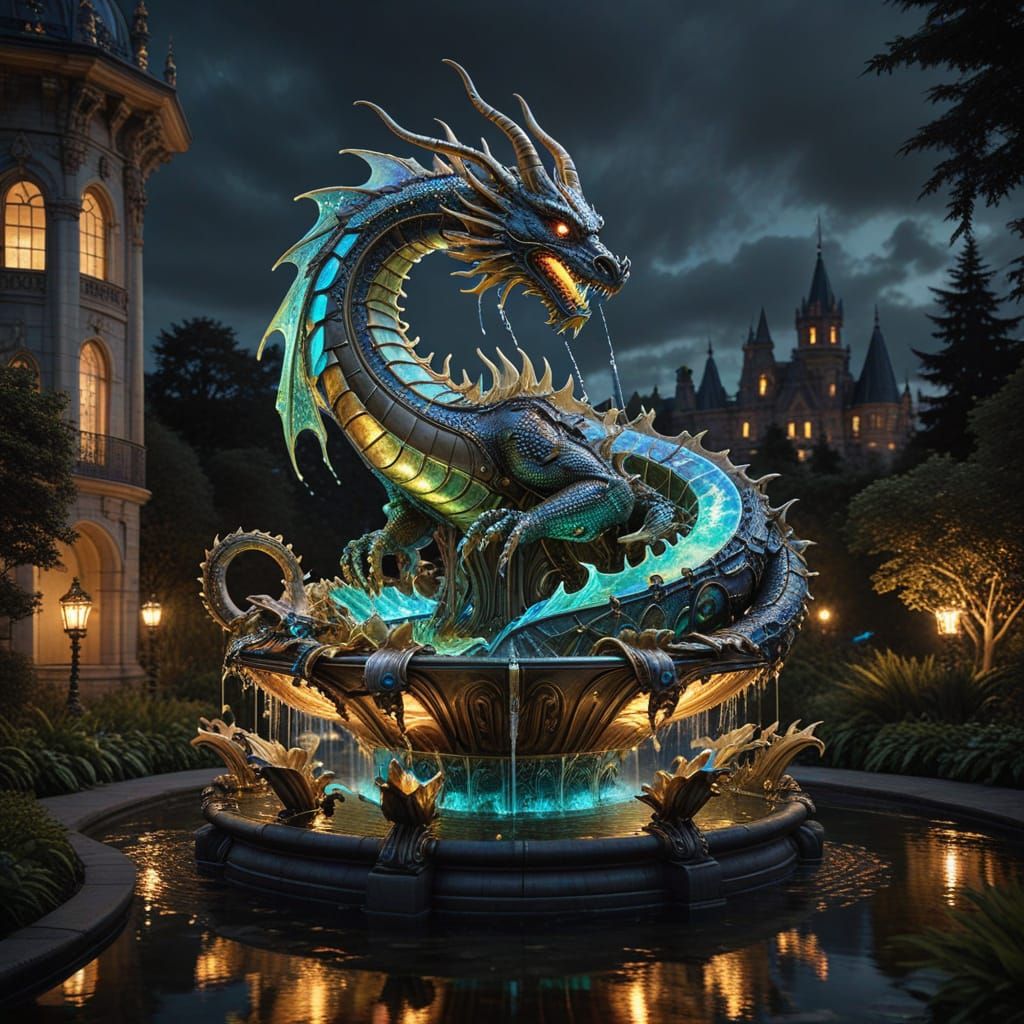 Steampunk Dragon Fountain in Ornate Palace Garden