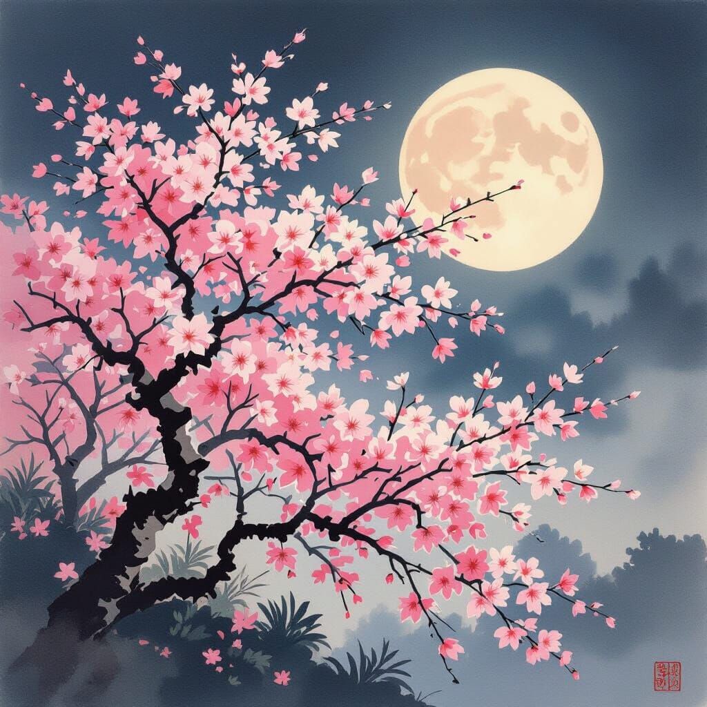 Moonlit Sakura Bloom: Sumi-e Japanese Landscape