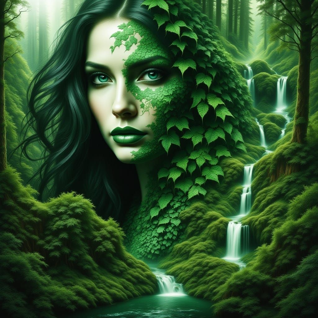 Double Exposure of Yennefer and Poison Ivy in Dark Fantasy