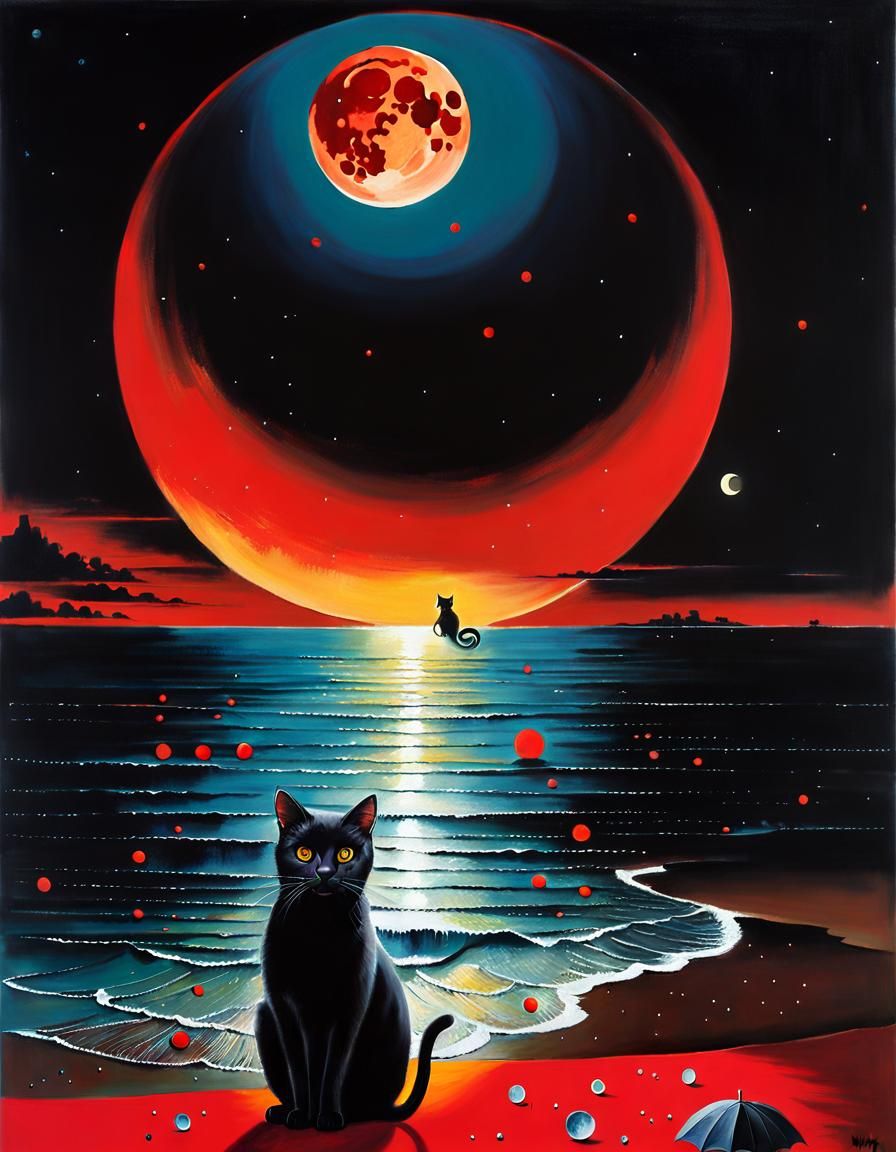 Surreal Black Cat and Red Moon Oil Painting