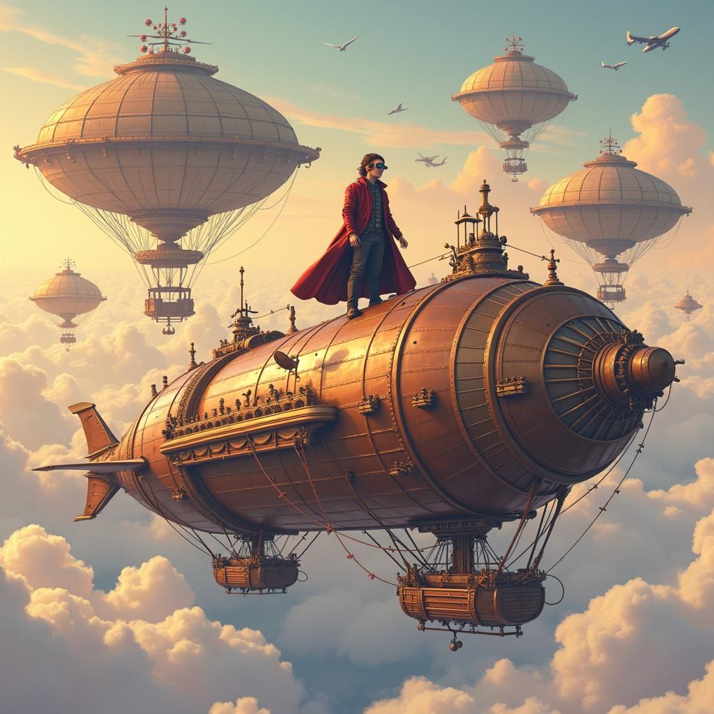 Steampunk Inventor on Airship in Pixel Art Style