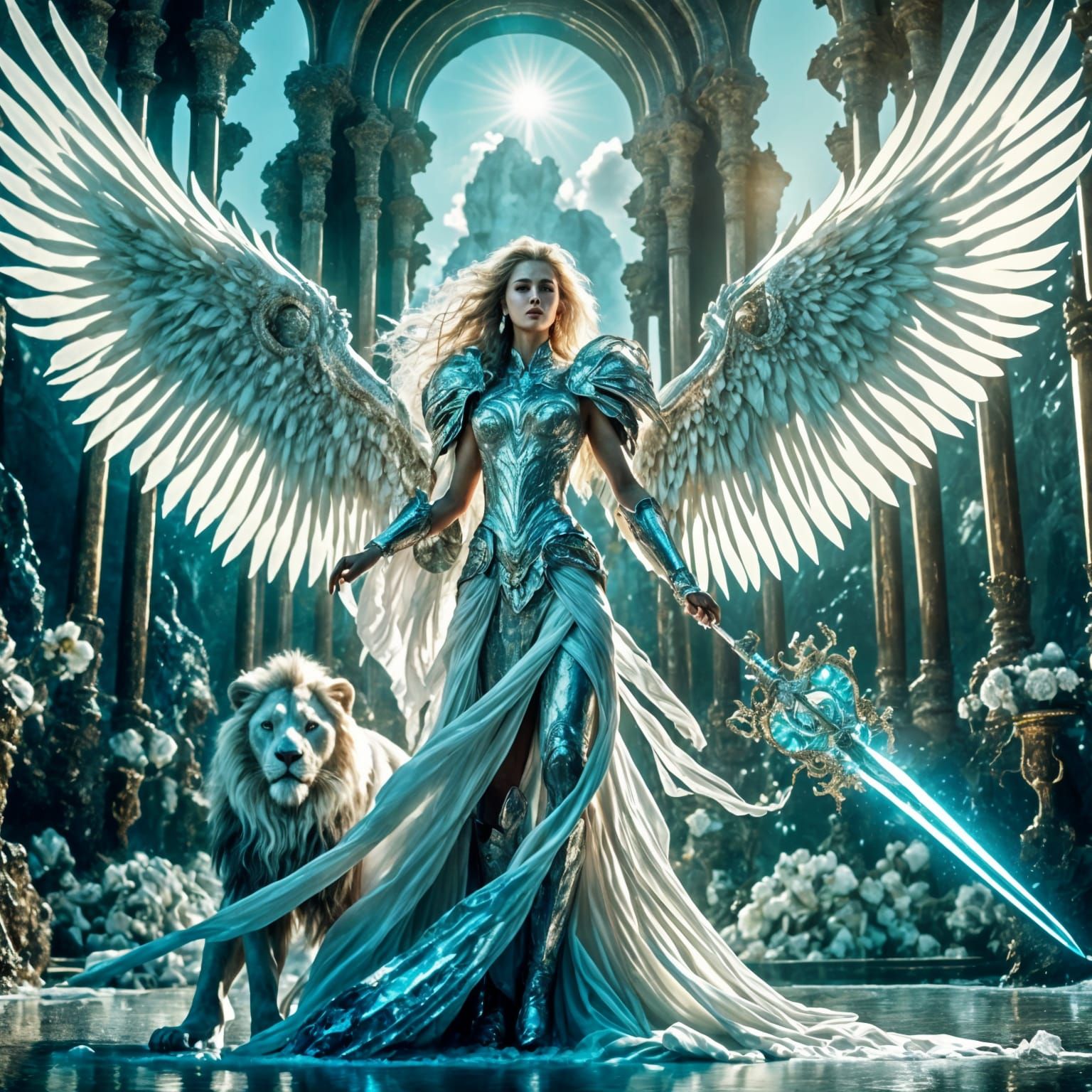 Angel on Beach with Lion and Crystal Sword