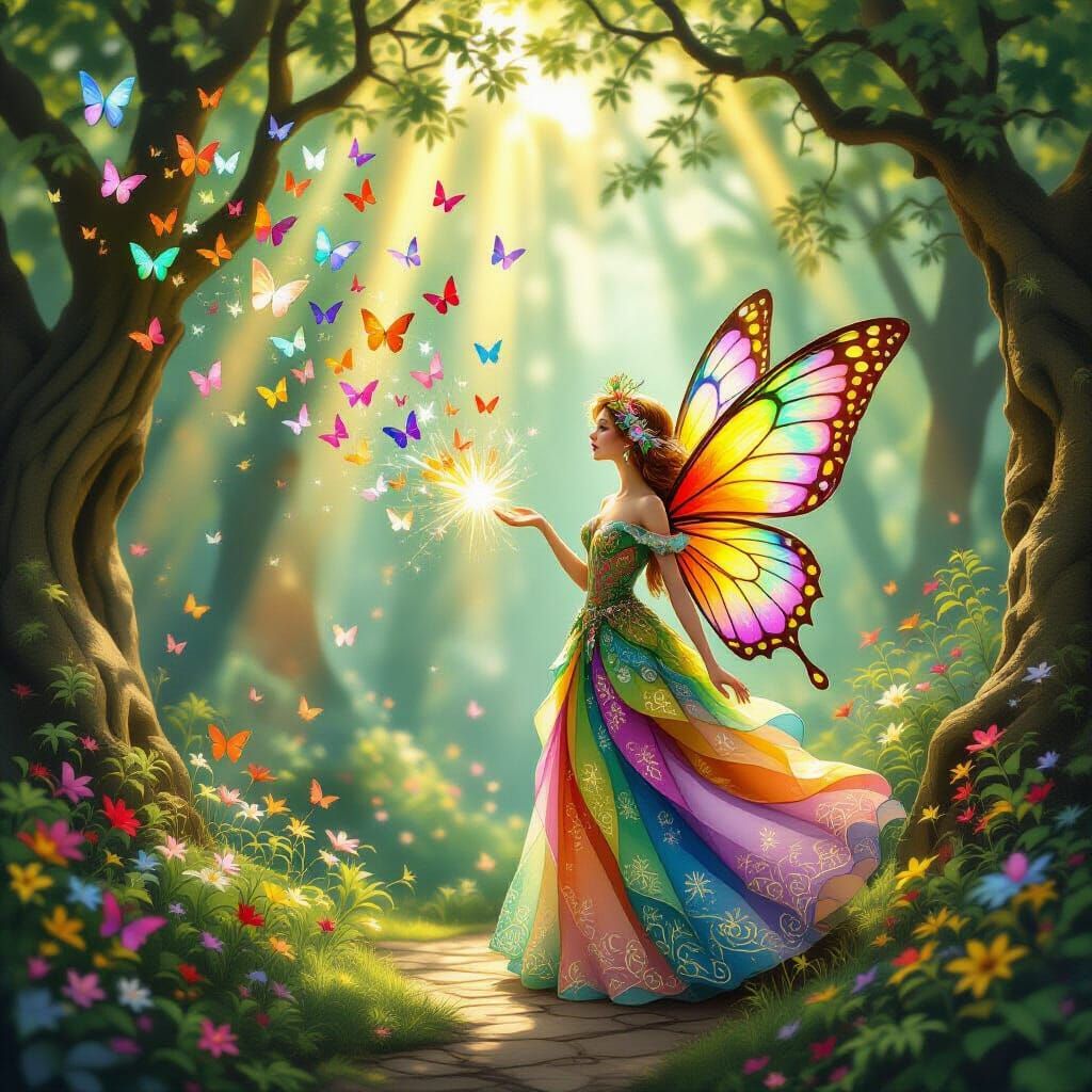 Ethereal Spirit Forms Rainbow Butterflies in Enchanted Fores...