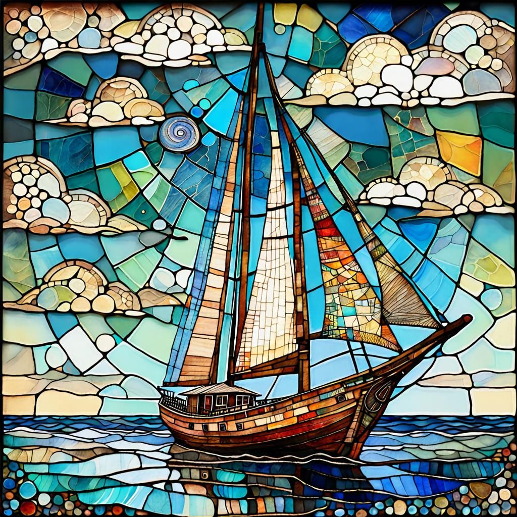 Very old Stained Glass Sailing-Ship.