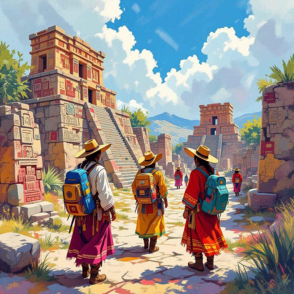 Aztec Ruins: Modern Explorers in Gouache Style