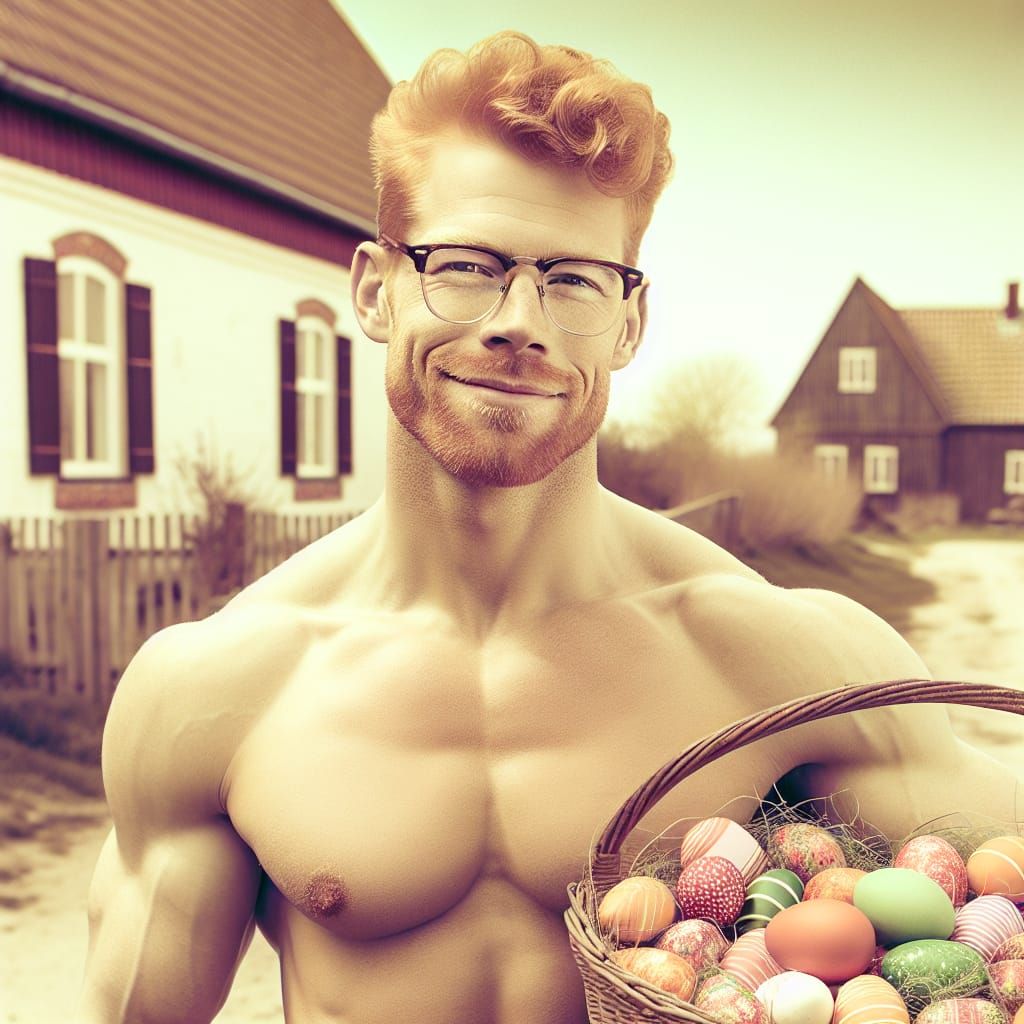Retro Photo of a Smiling Redhead Farmer with Easter Eggs