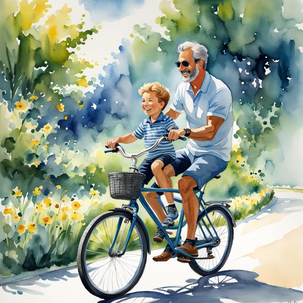 Father and Son Cycling: A Watercolor Masterpiece