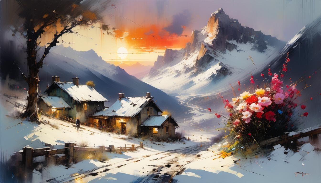 Snowy Mountain Sunset: A Detailed Fine Art Painting