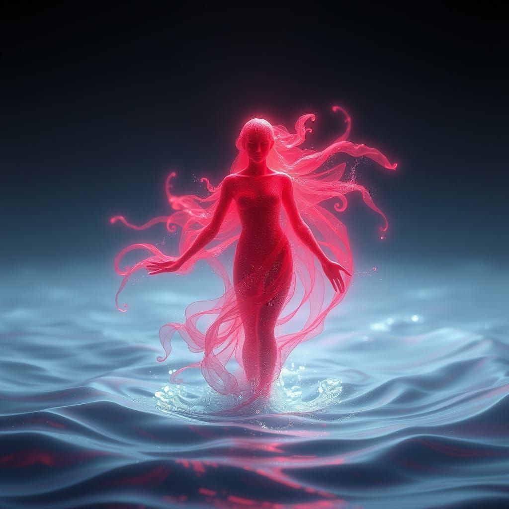 Ethereal Figure in Crimson Aura, Shimmering with Gentle Ligh...
