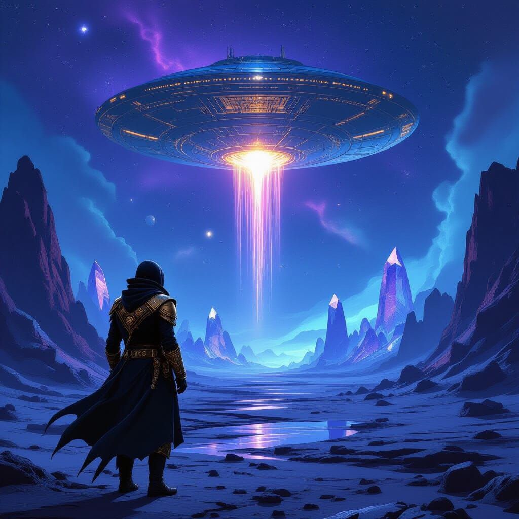 Explorer Observes Spaceship on Alien Planet