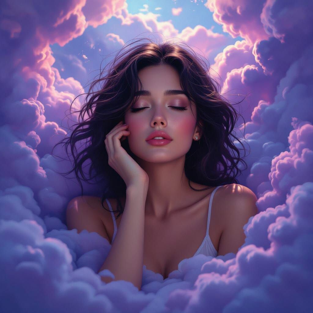 Dreamy Woman in Swirling Clouds, Digital Art