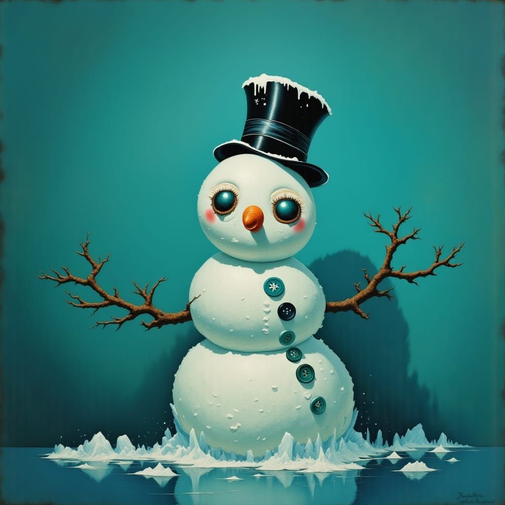 Surreal Snowman with Ethereal Glow Against Teal