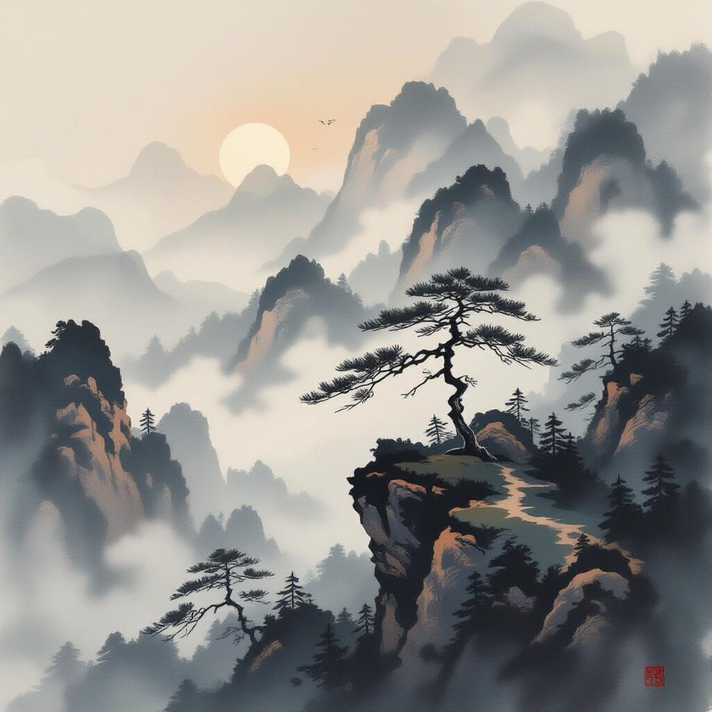 Misty Mountains with Ancient Pine in Sumi-e Style