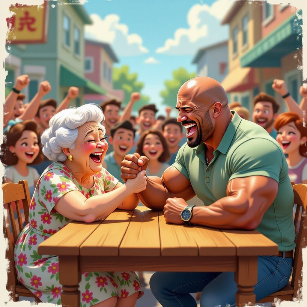 Triumphant Granny Arm Wrestles The Rock in Pixar Style