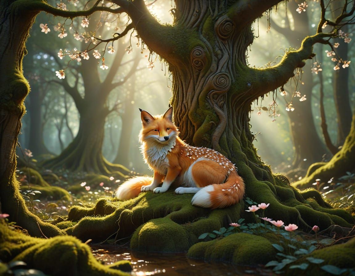 Art Nouveau Kitsune Sleeping Under Magical Blossom Tree