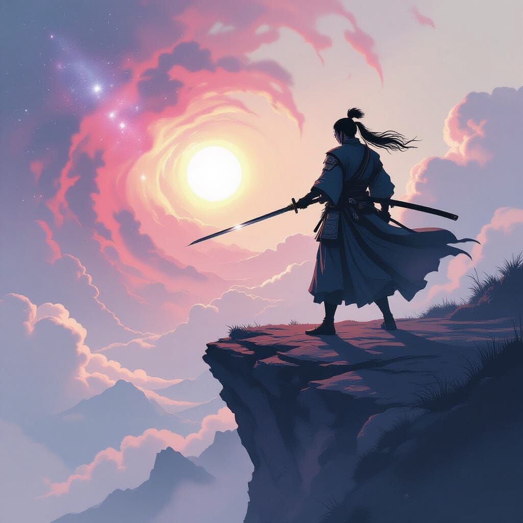 Samurai Warrior Against Cosmic Nebula in Anime Style