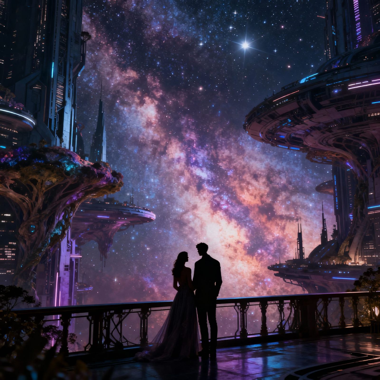 Couple Silhouetted Against Cosmic Nebula in Gravity-Defying ...