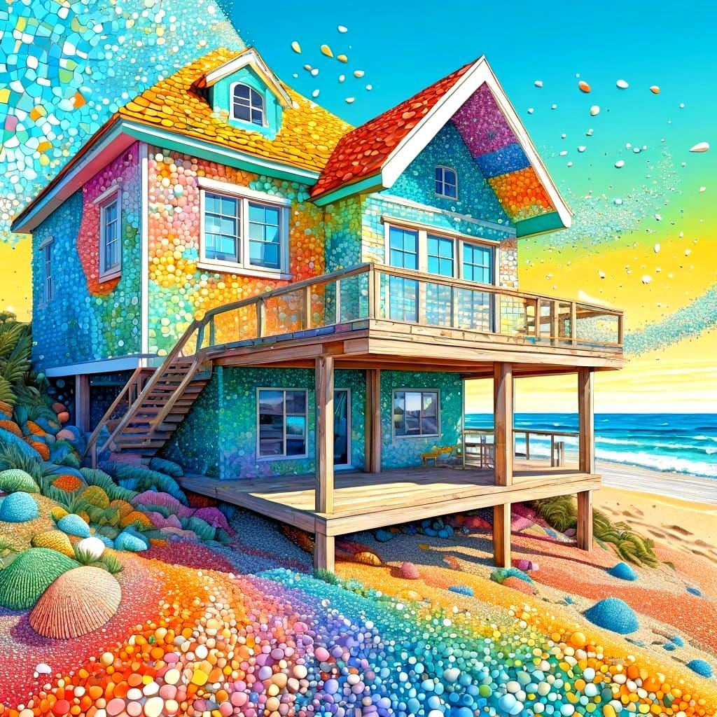 Vibrant Pointillism Beach House with Crushed Shells