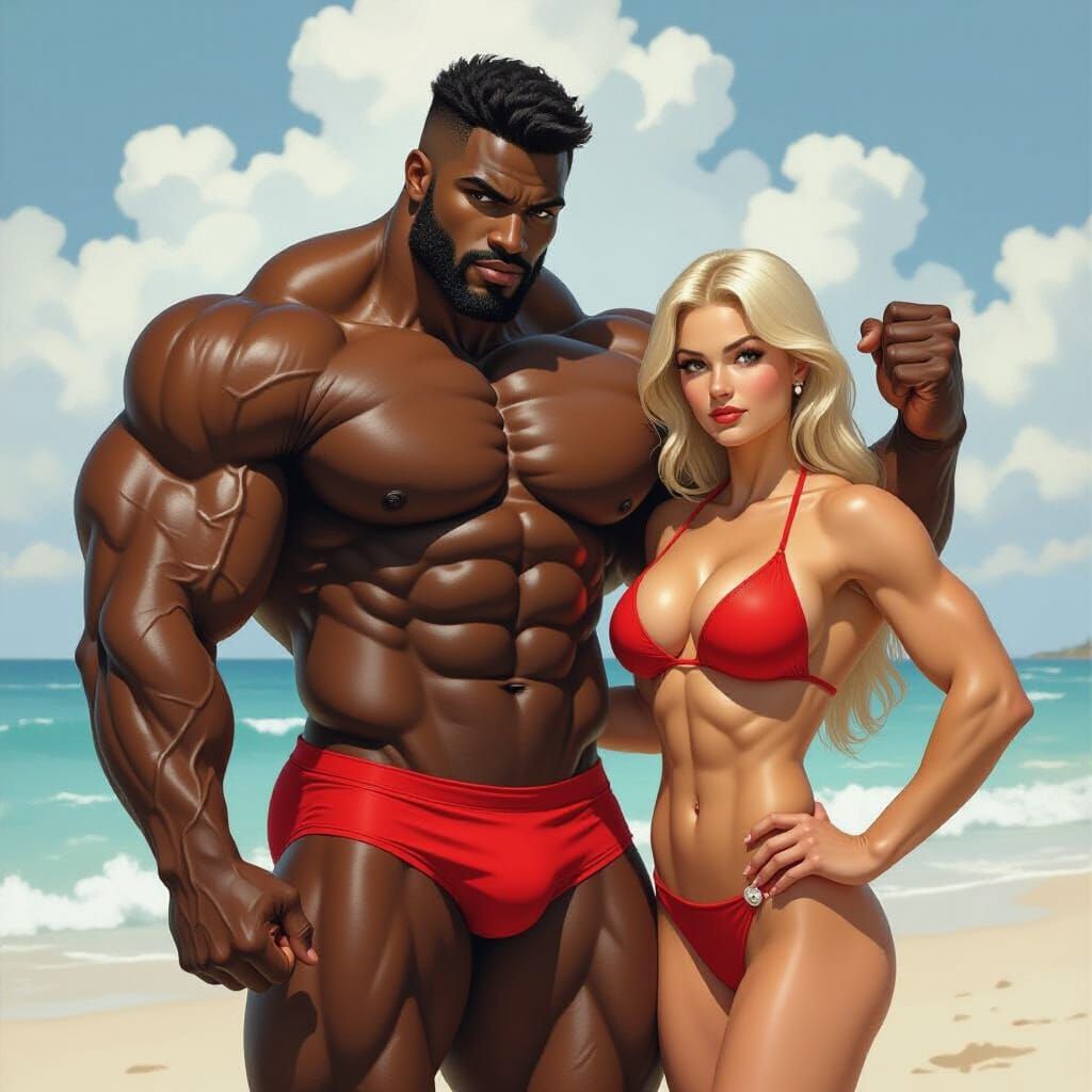 Muscular Bodybuilder on Beach in Comic Book Style