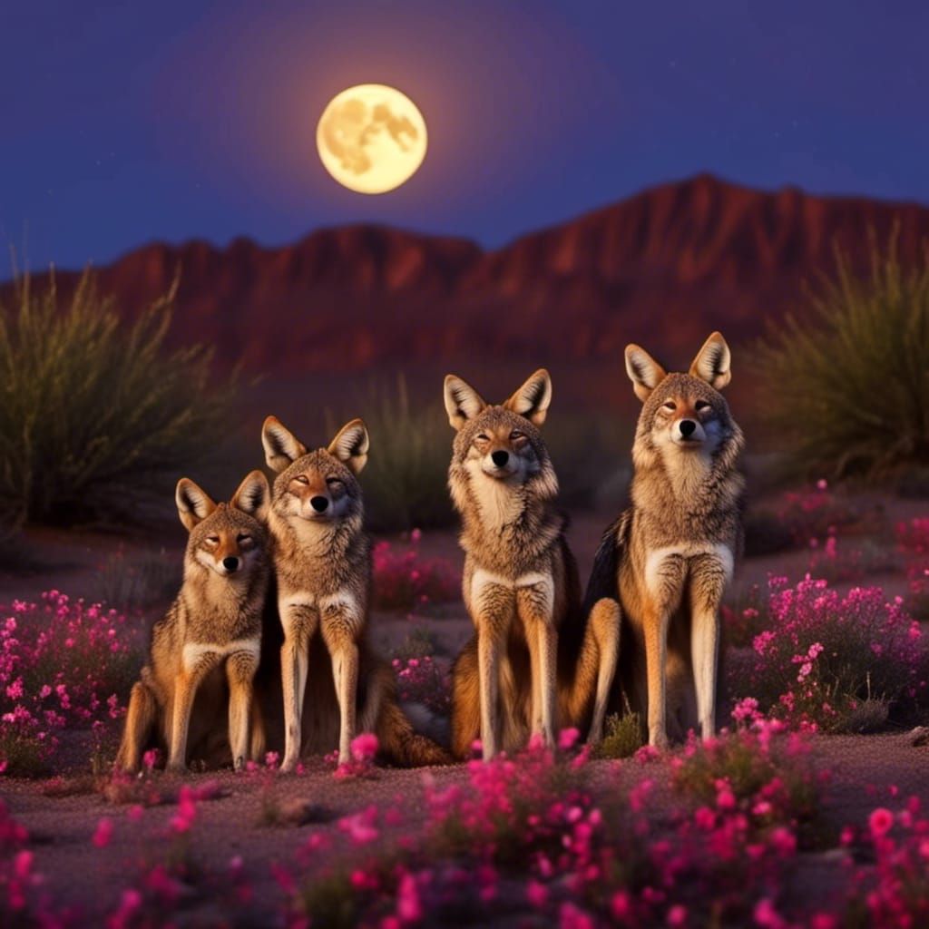 Coyote Family Serenade in Desert Moonlight