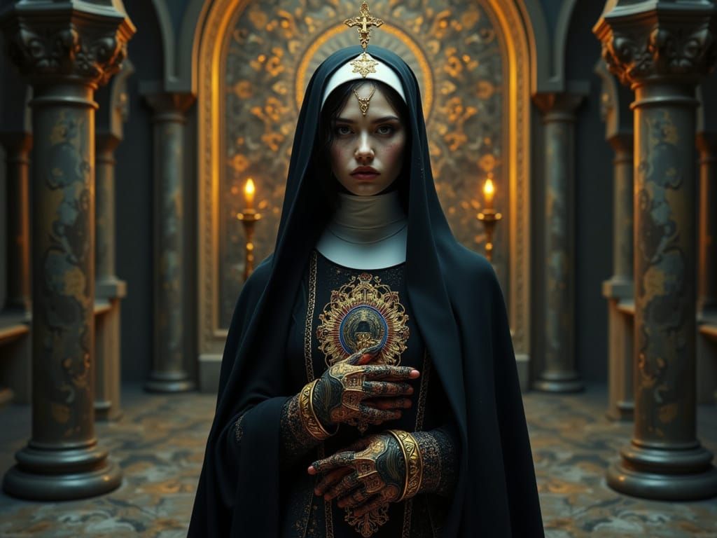 Sacripunk Nun with Intense Gaze in Gothic Setting
