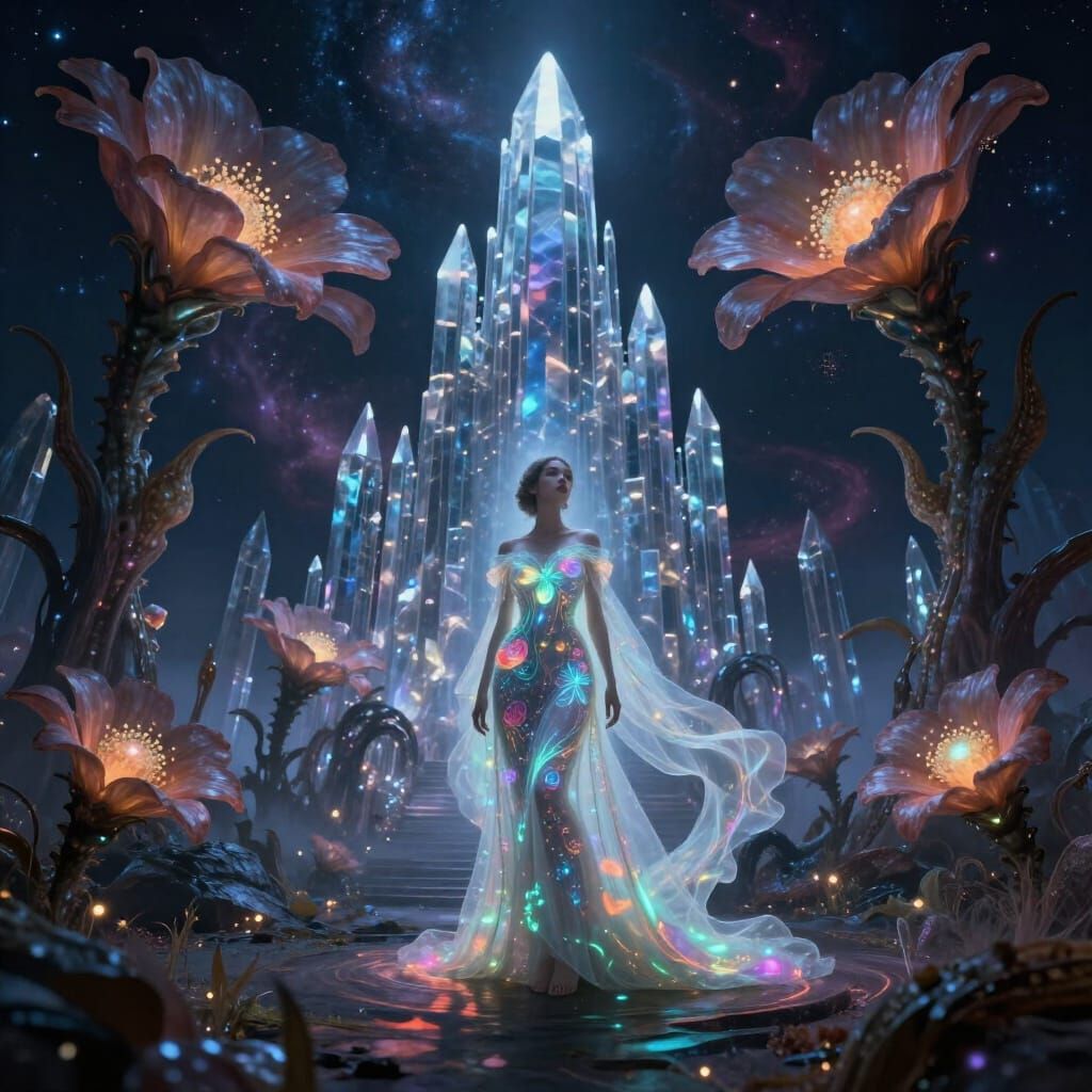 Ethereal Woman in Crystalline City Amidst Nebula
