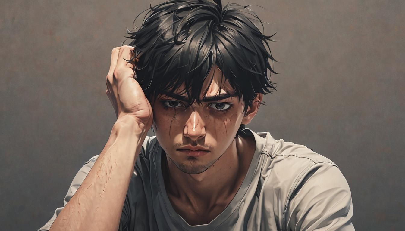 Distressed Man Portrait in Emotive Manga Style