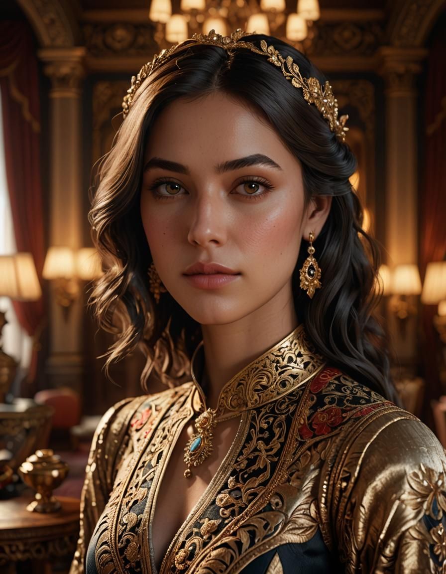 Demure Woman in Ornate Room, Photorealistic Portrait