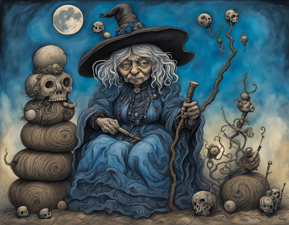 Old witch sticking pins in a voodoo doll